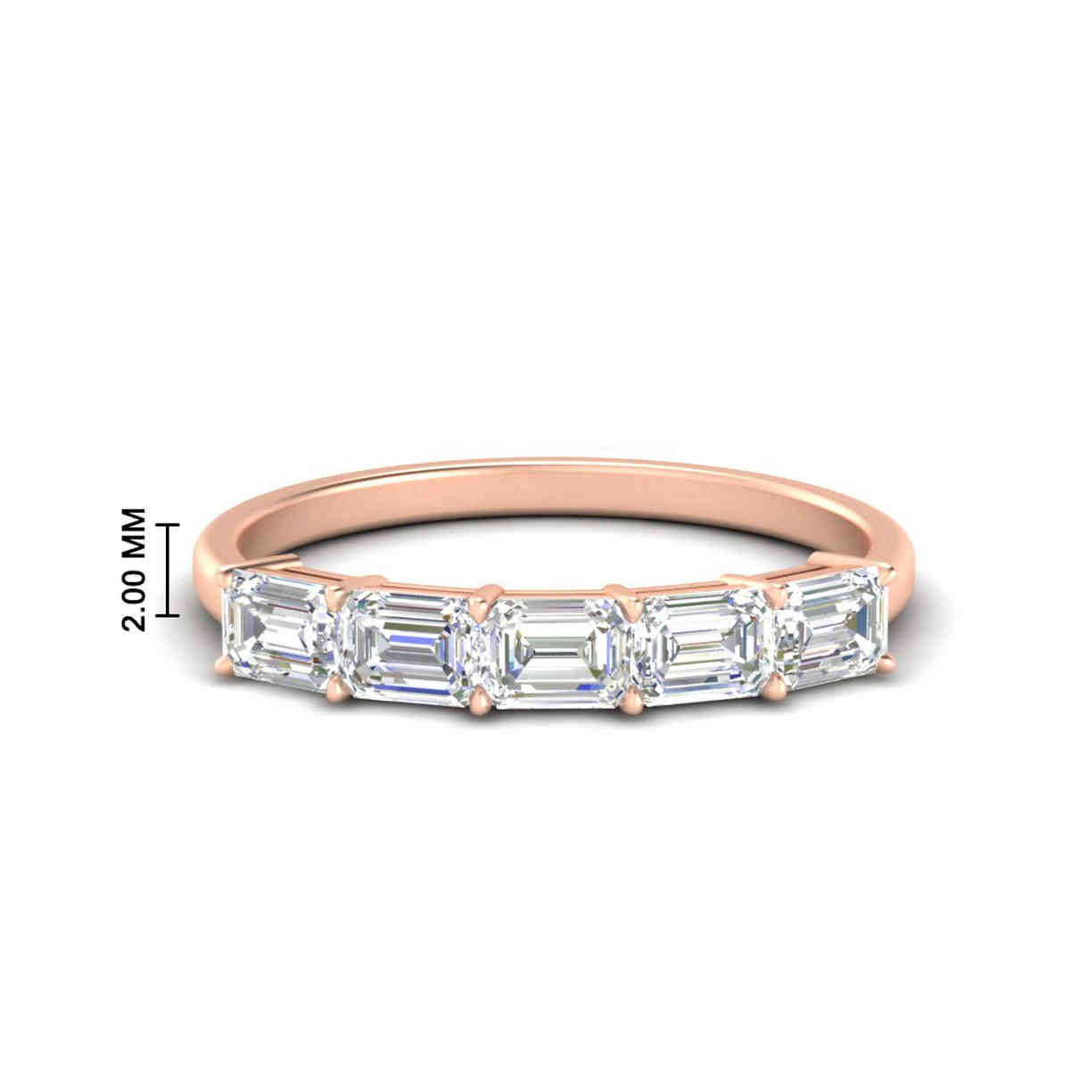 East West Emerald Cut Wedding Ring with 14K Rose Gold White Diamond