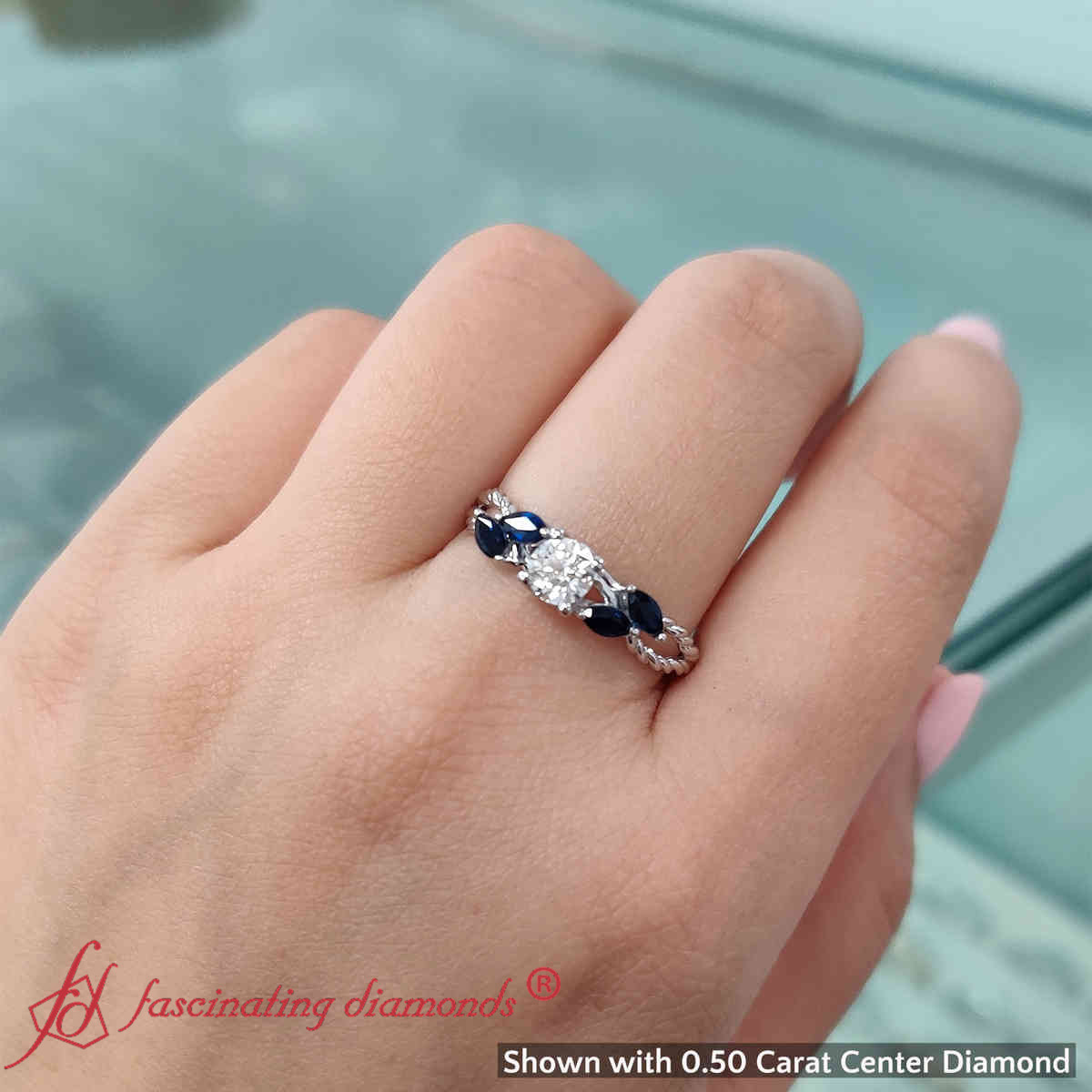 Round Shaped Braided Marquise Engagement Ring with Blue Sapphire in 14K White Gold