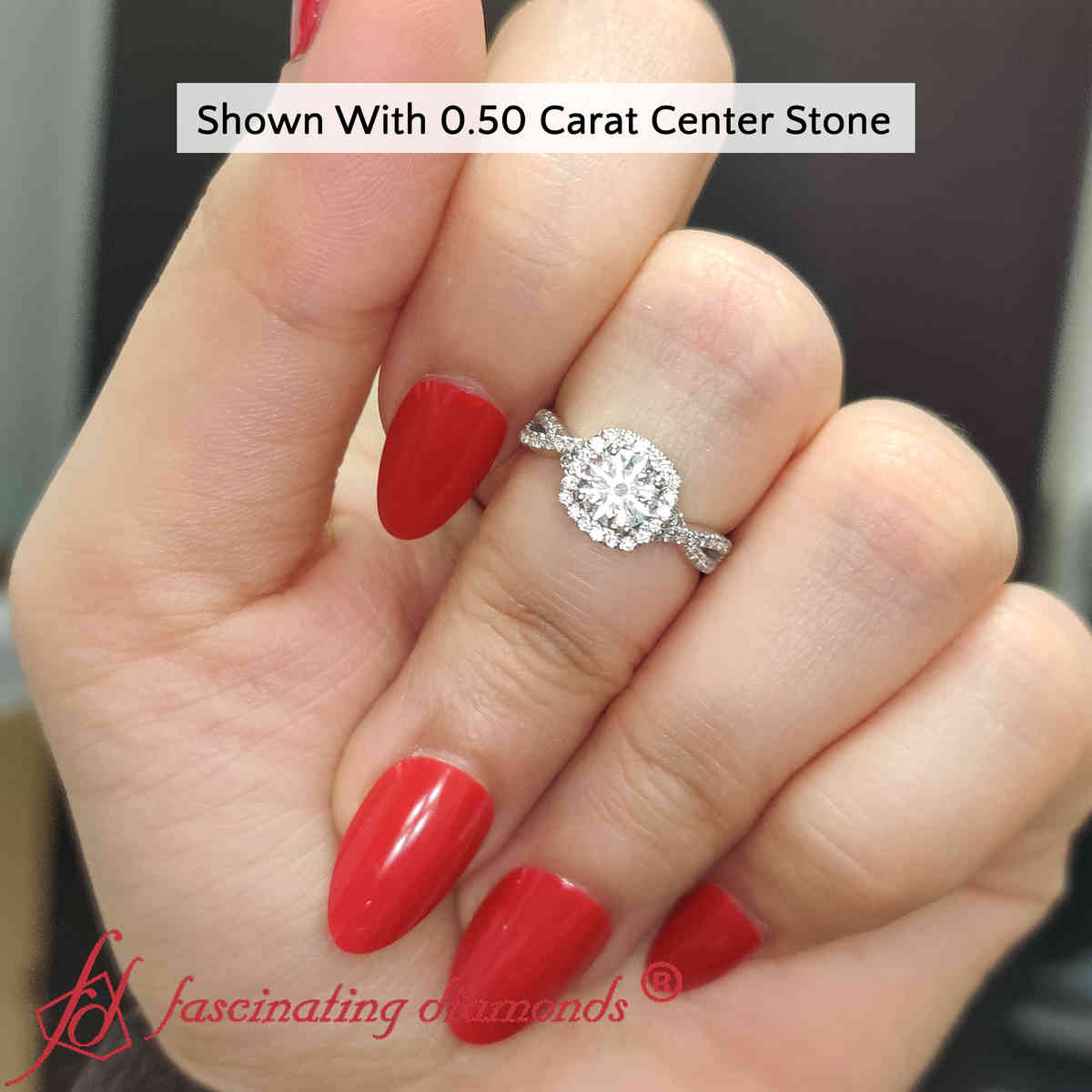 Round Shaped Cushion Outline Halo Round Engagement Ring with White Diamond in 18K White Gold