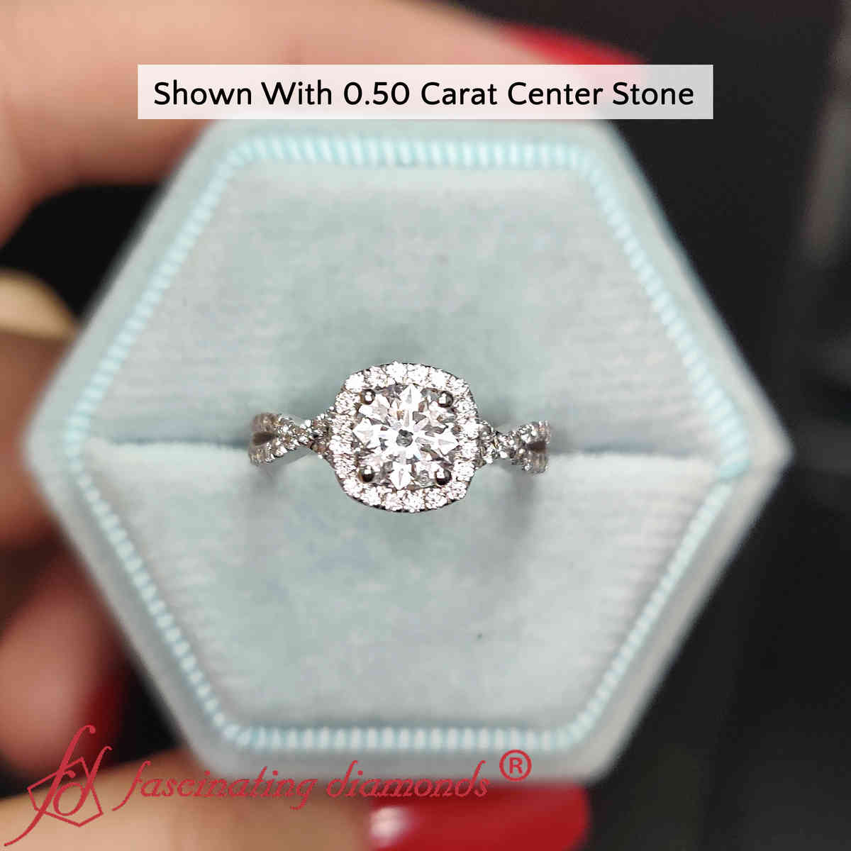 Round Shaped Cushion Outline Halo Round Engagement Ring with White Diamond in 18K White Gold