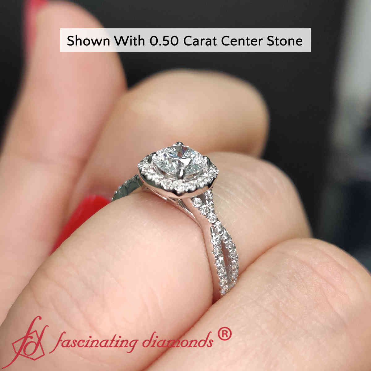 Cushion Halo Split Shank Lab Diamond Ring with 14K White Gold White Diamond