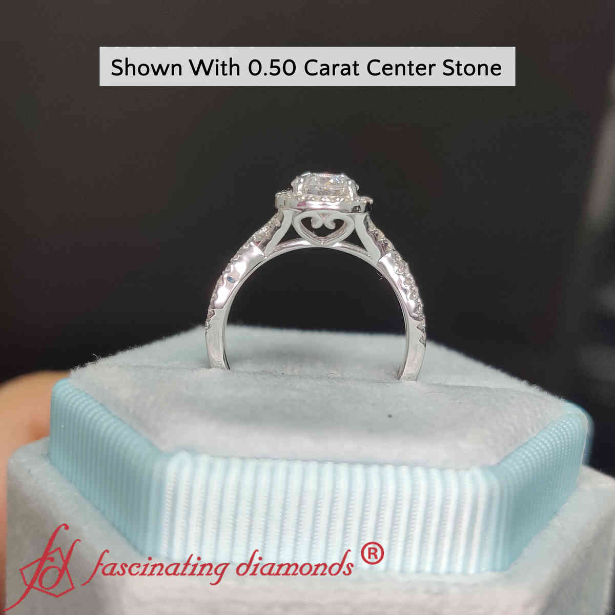 Cushion Halo Split Shank Lab Diamond Ring with 14K White Gold White Diamond