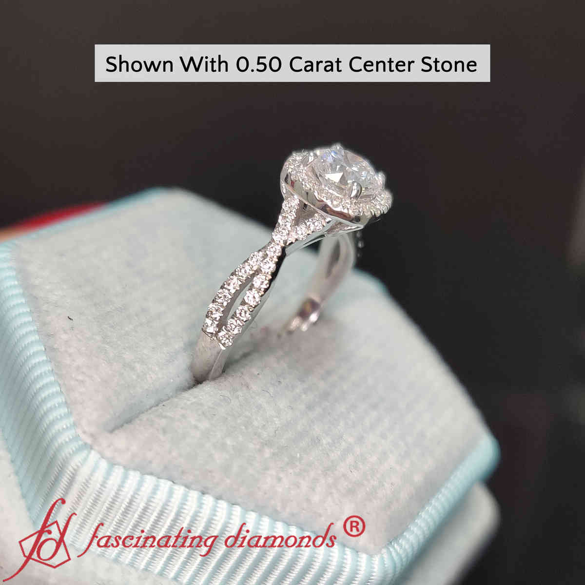 Cushion Halo Split Shank Lab Diamond Ring with 14K White Gold White Diamond
