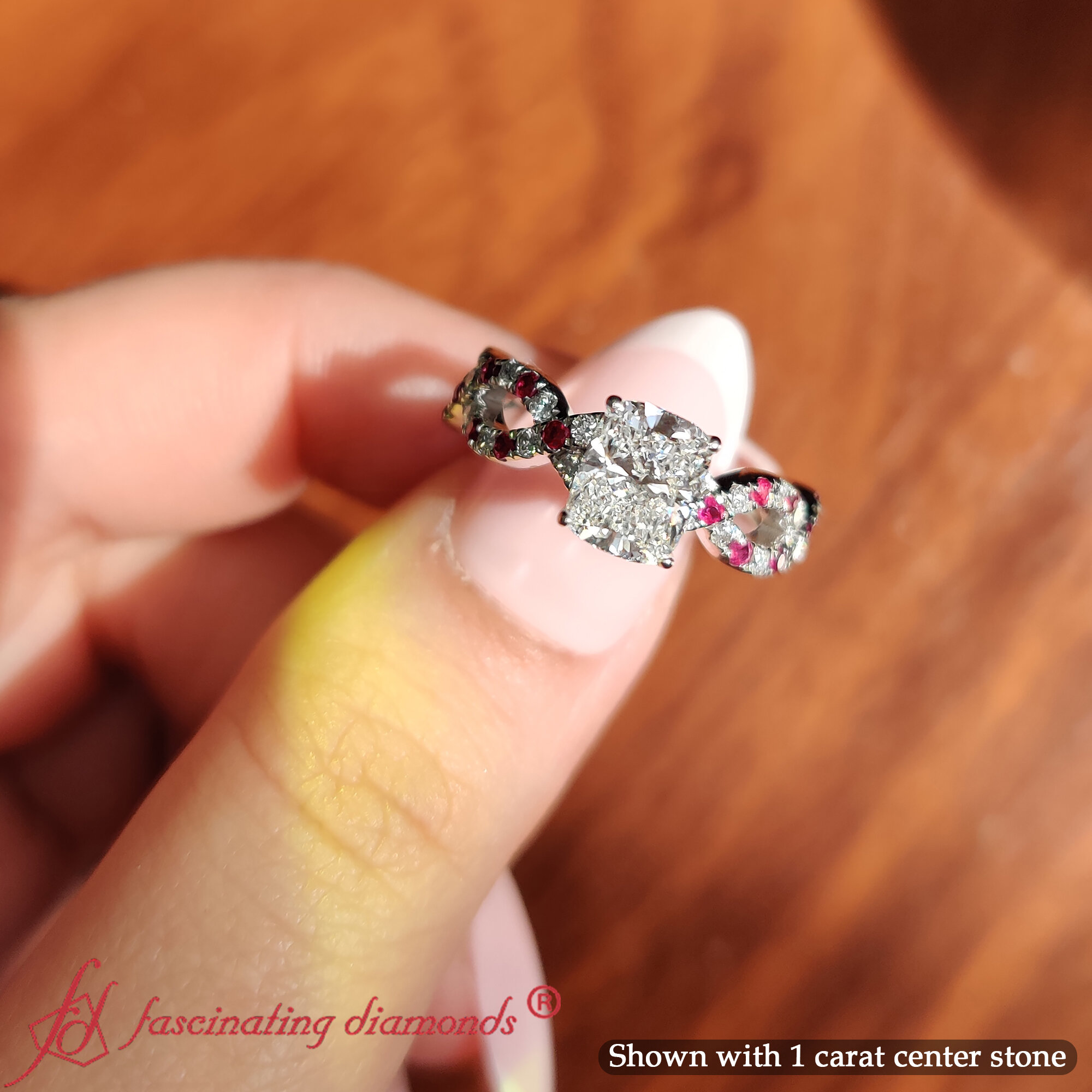 Cushion Shaped Infinity Love Engagement Ring with Red Ruby in 14K White Gold
