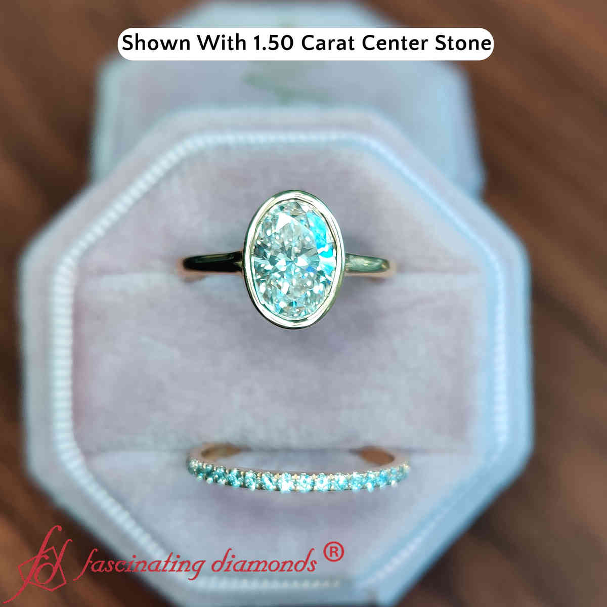 Solitaire Lab Diamond 2 Ct. Bezel Oval Wedding Ring Set with 14K Yellow Gold White Diamond