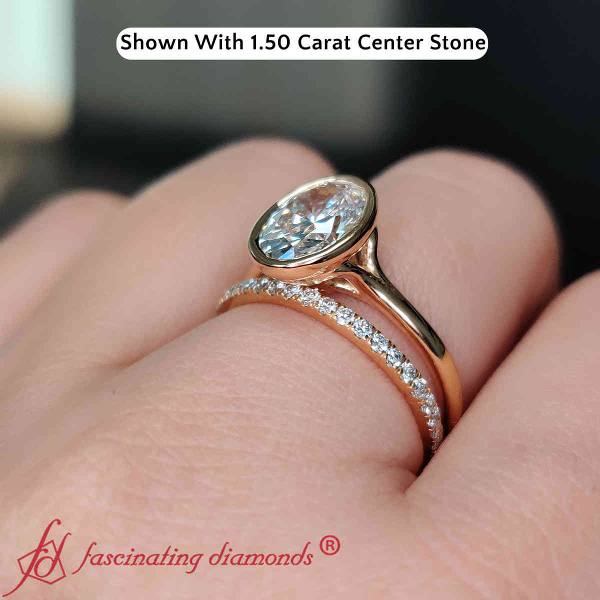 Solitaire Lab Diamond 2 Ct. Bezel Oval Wedding Ring Set with 14K Yellow Gold White Diamond
