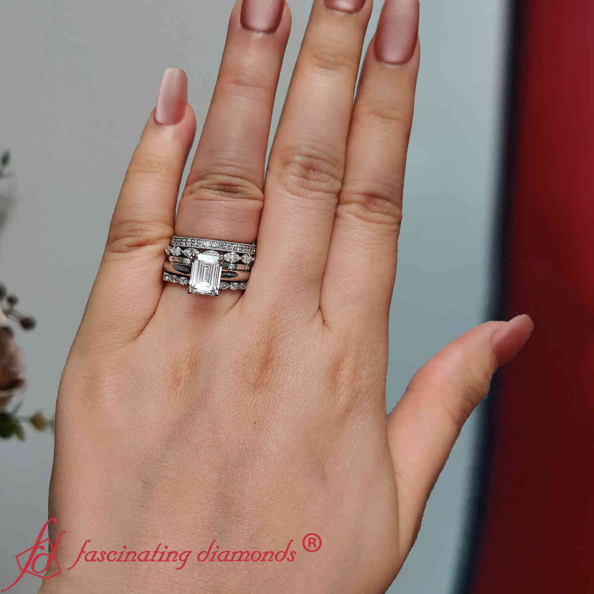Emerald Cut Diamond Solitaire Ring With Stackable Bands Set with 14K White Gold White Diamond