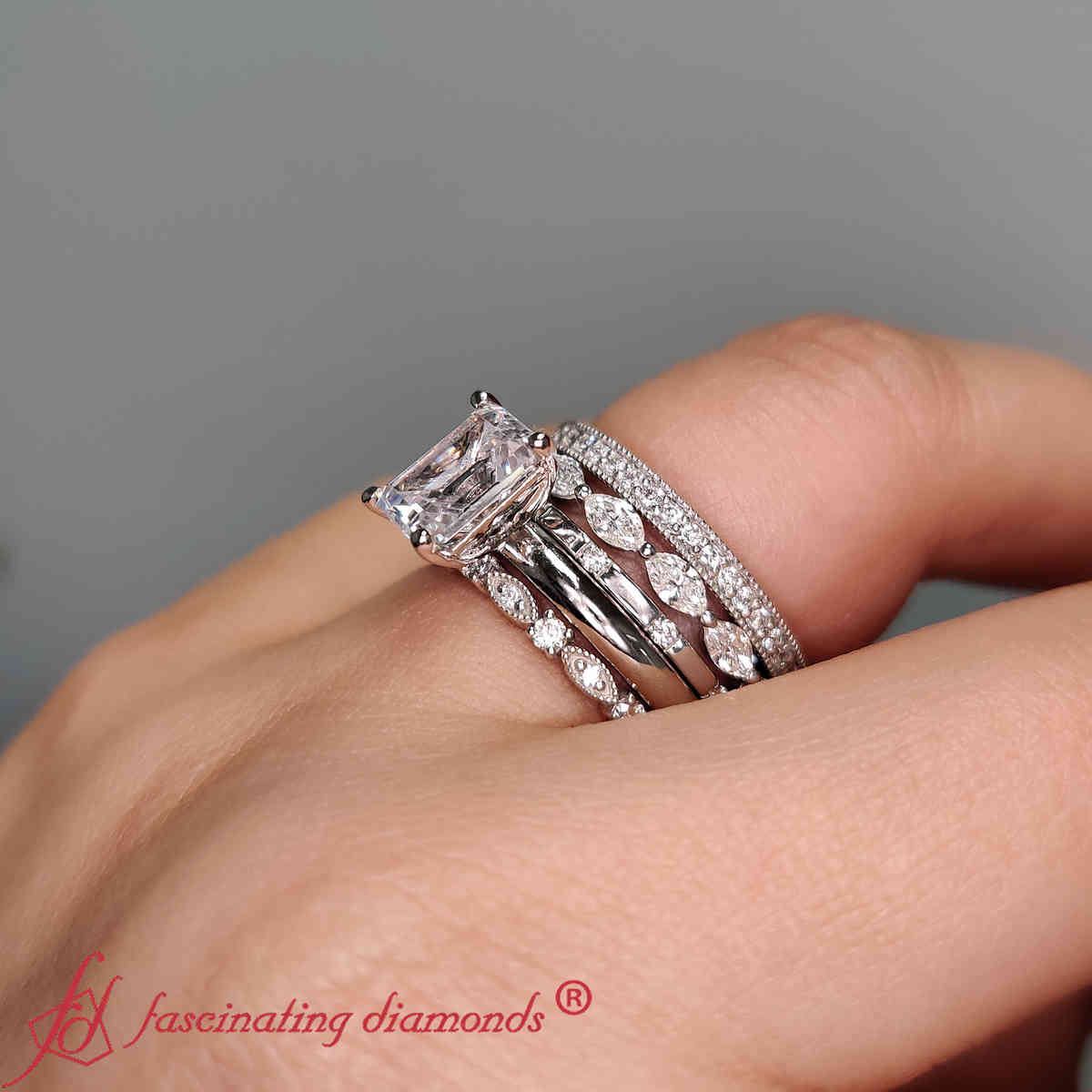 Emerald Cut Diamond Solitaire Ring With Stackable Bands Set with 14K White Gold White Diamond