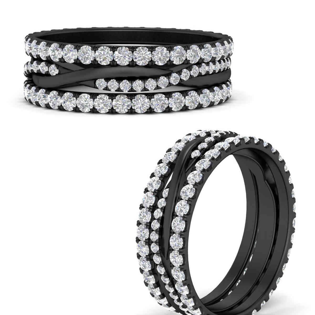 Round Diamond Triple Black Stack Eternity Ring with 14K Black Gold White Diamond