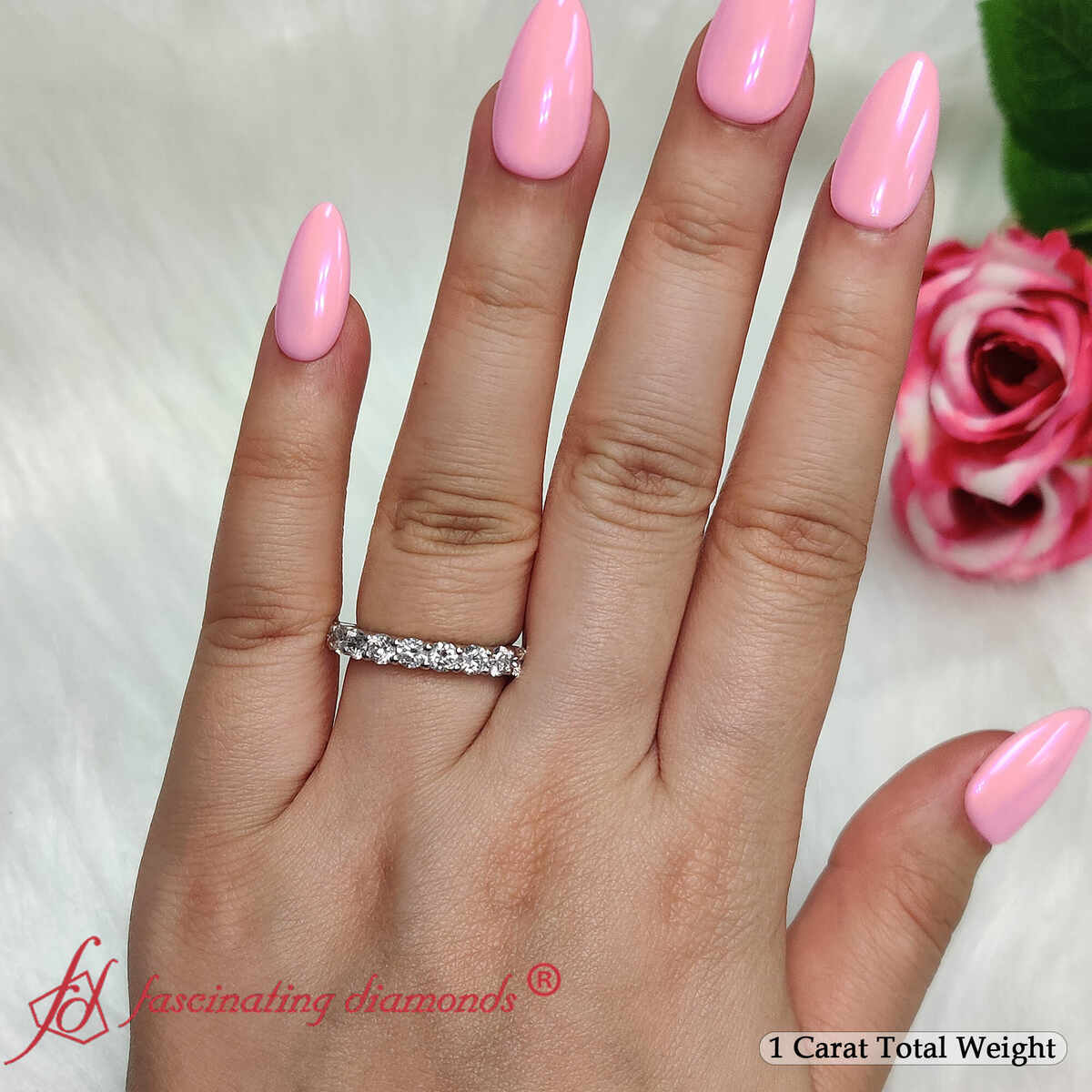 Round Cut 9 Stone Wedding Band with 14K White Gold White Diamond