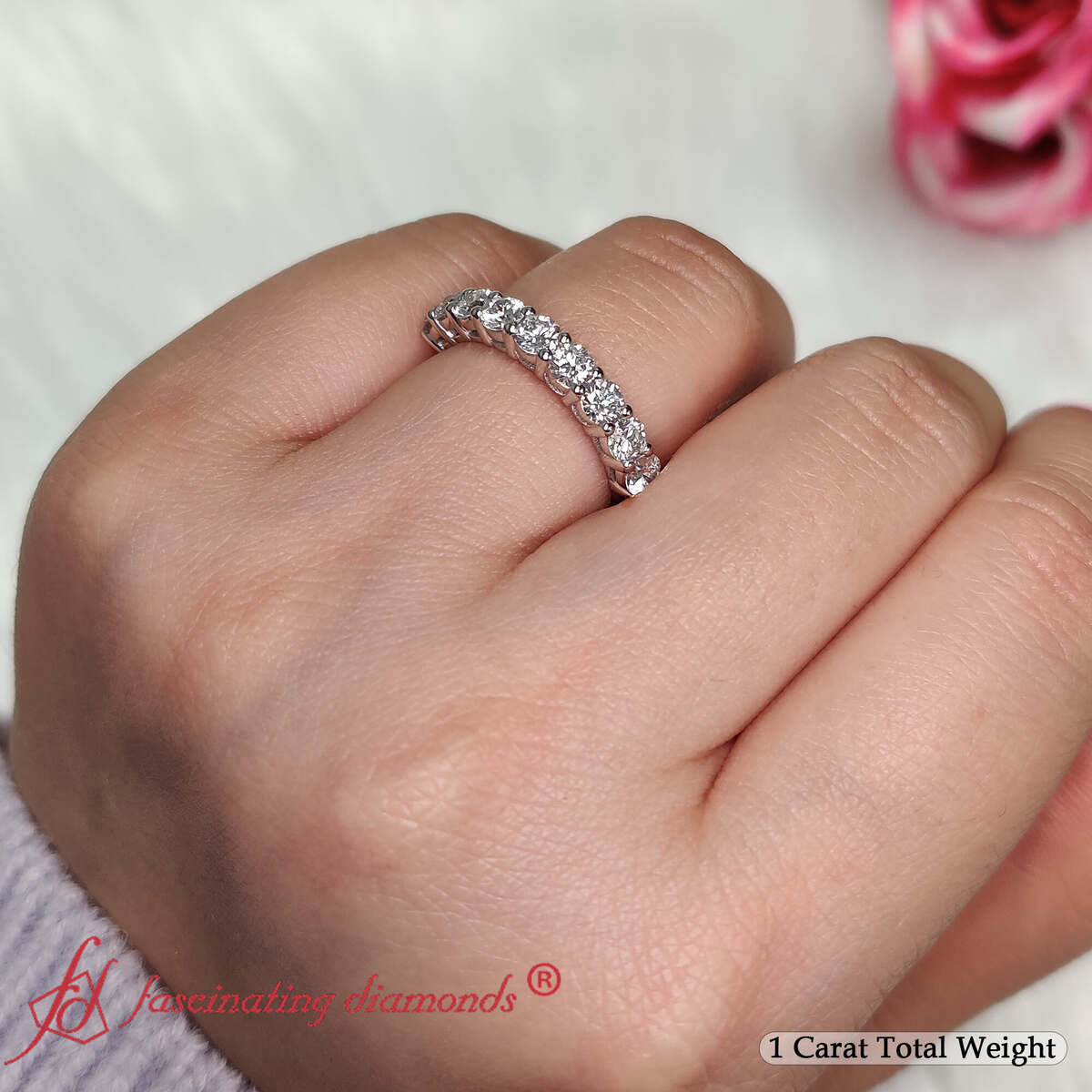 Round Cut 9 Stone Wedding Band with 14K White Gold White Diamond