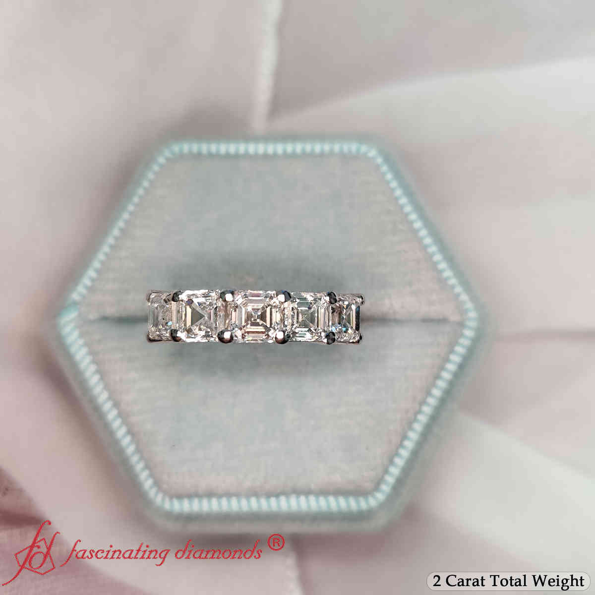 Asscher Cut Five Stone Classic Ring with 14K White Gold White Diamond