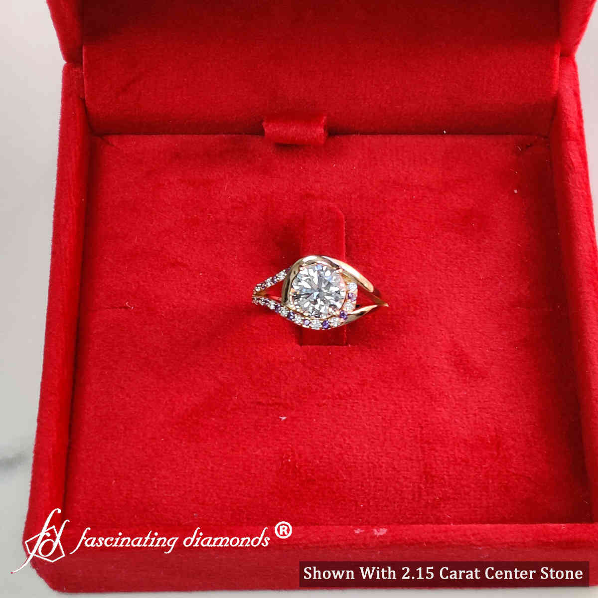 Round Shaped Swirl Split Diamond Ring For Women with Purple Amethyst in 14K Rose Gold