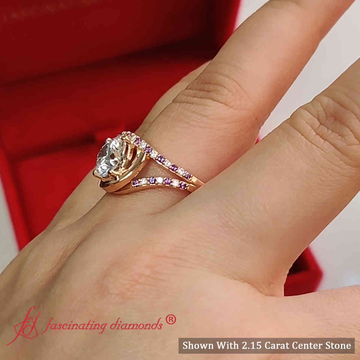 Round Shaped Swirl Split Diamond Ring For Women with Purple Amethyst in 14K Rose Gold