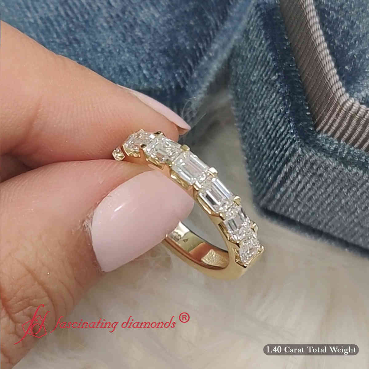 Horizontal Emerald Cut Classic Band with 14K Yellow Gold White Diamond