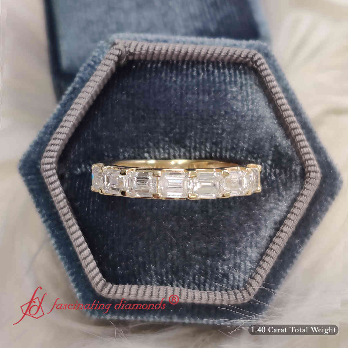 Horizontal Emerald Cut Classic Band with 14K Yellow Gold White Diamond