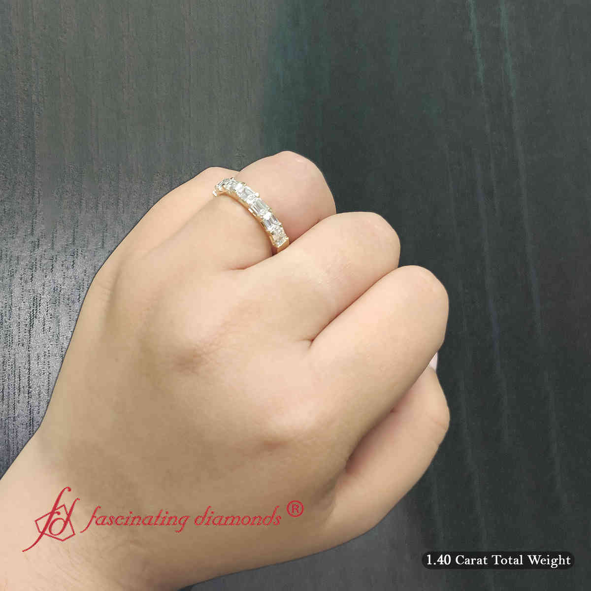 Horizontal Emerald Cut Classic Band with 14K Yellow Gold White Diamond