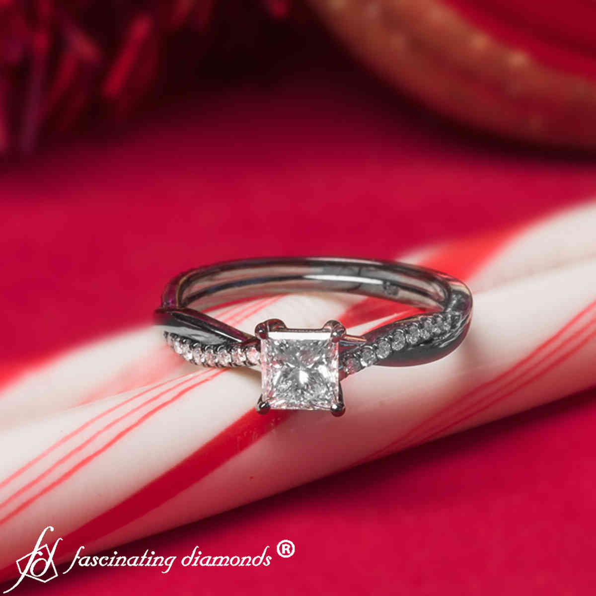 Princess Shaped Vine Black Gold Diamond Ring with White Diamond in 14K Black Gold