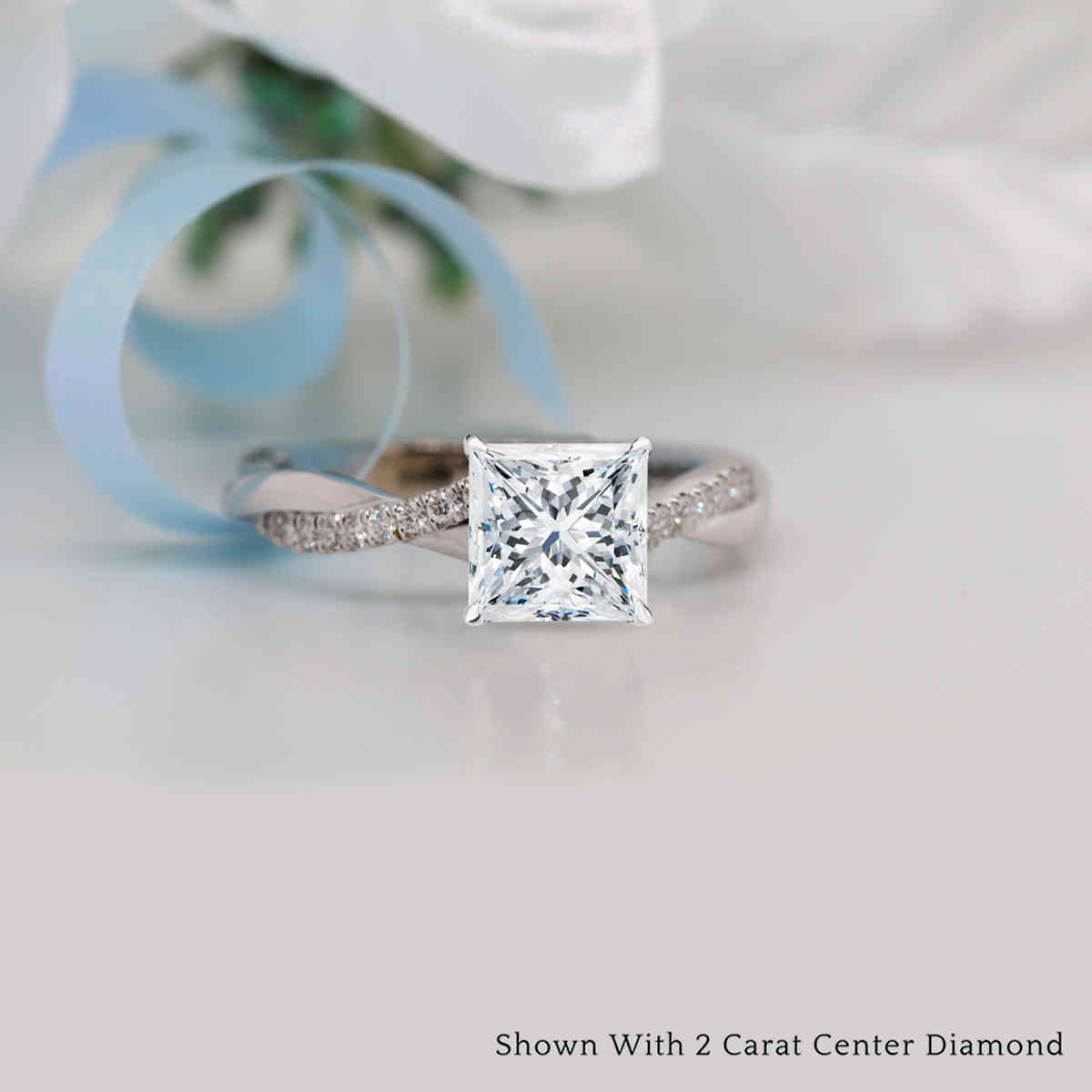 Big 2.25 Ct. Princess Cut Twisted Lab Diamond Ring with 14K White Gold White Diamond