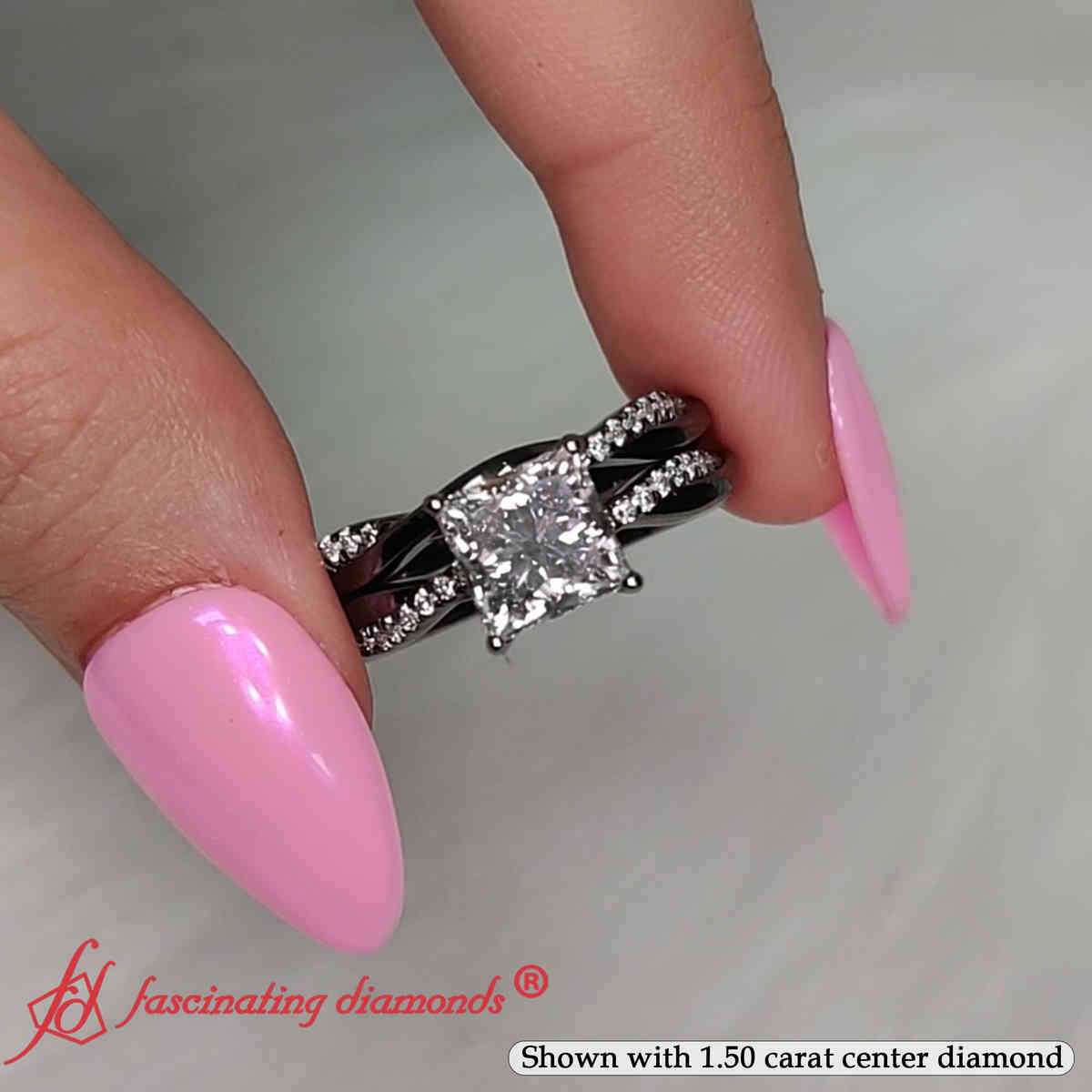 Princess Shaped Black Gold Twisted Pave Engagement And Wedding Ring Set with White Diamond in 14K Black Gold