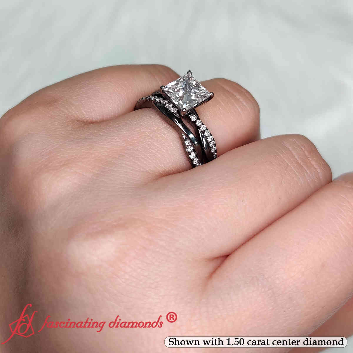 Princess Shaped Black Gold Twisted Pave Engagement And Wedding Ring Set with White Diamond in 14K Black Gold