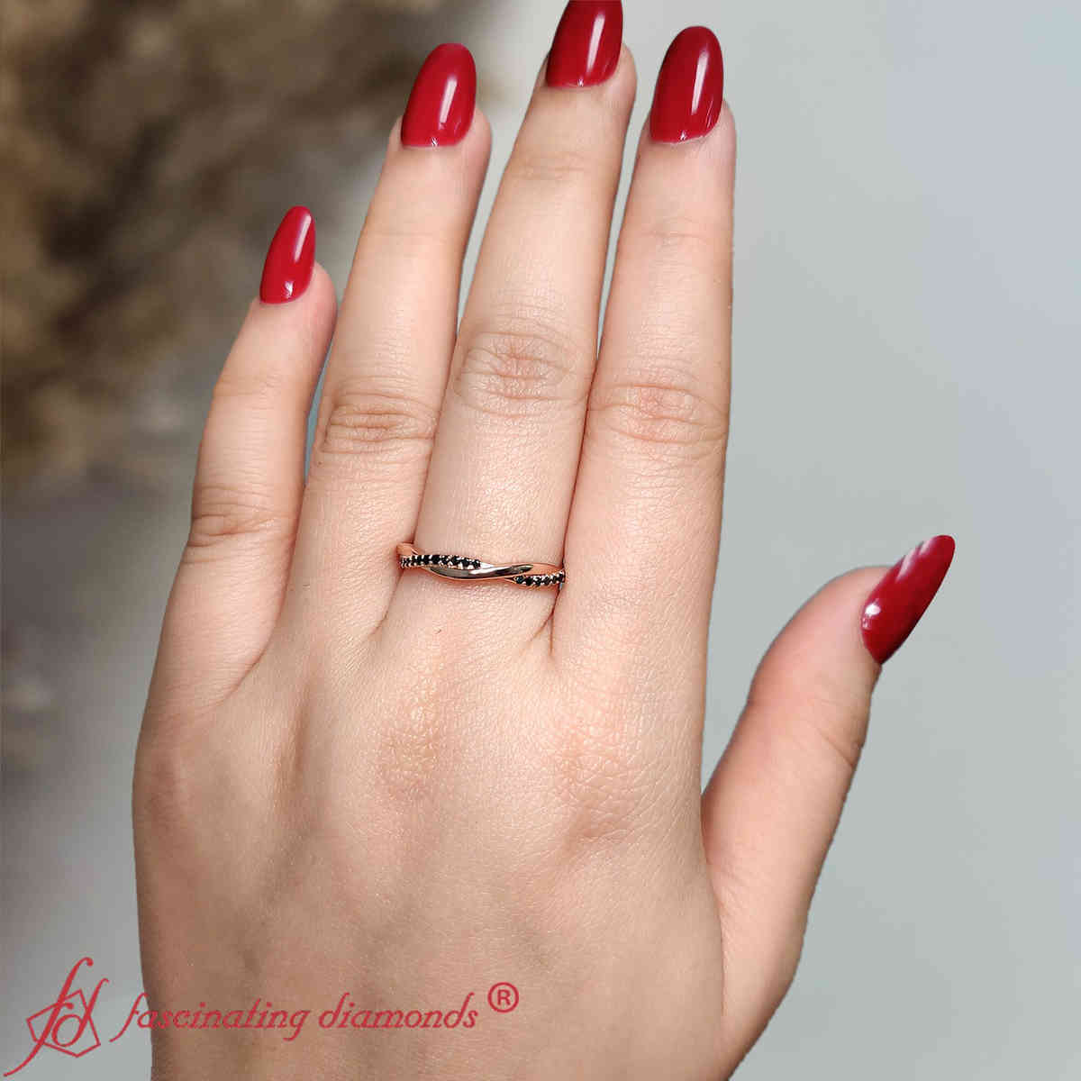Infinity Twist Wedding Band with 14K Rose Gold Black Diamond