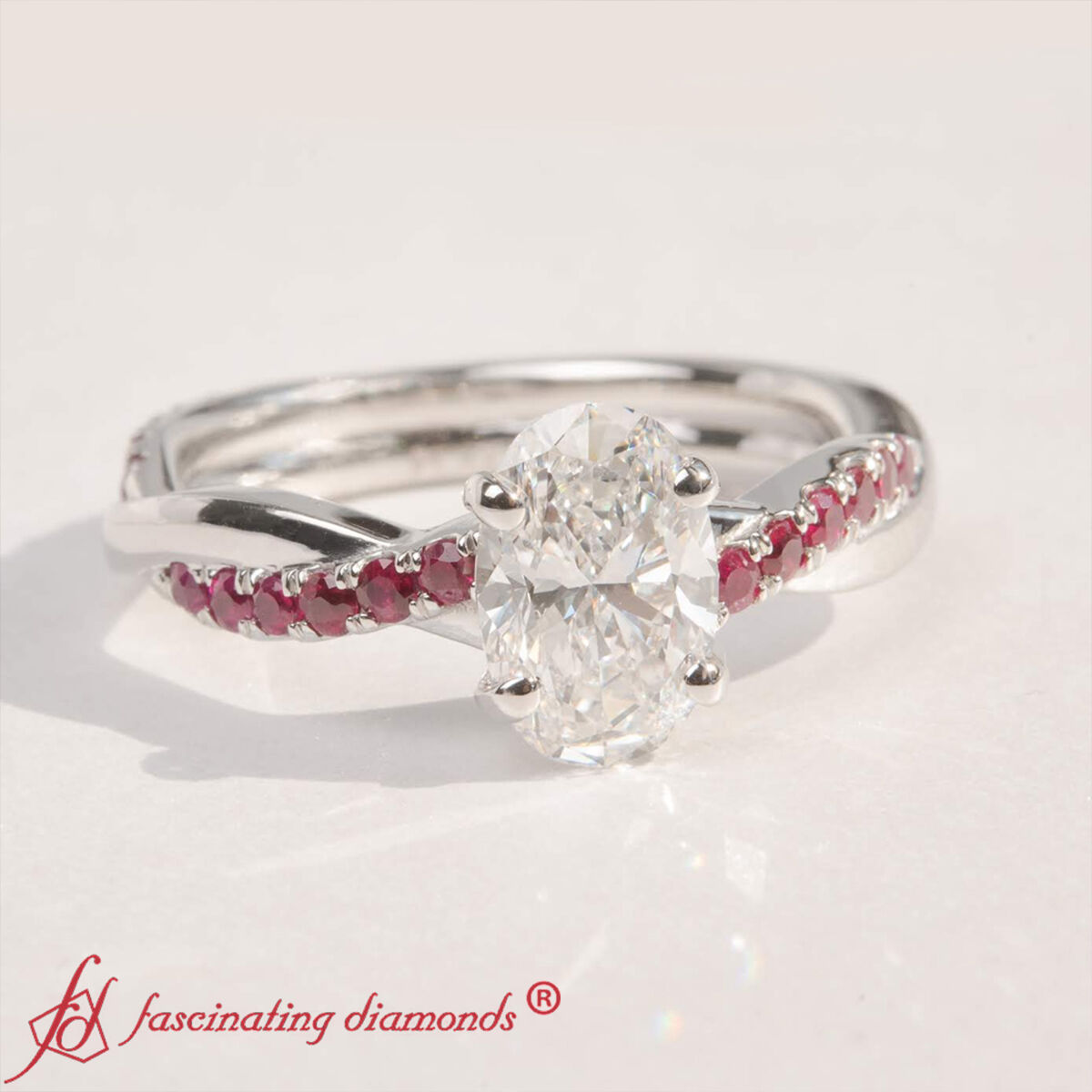 Oval Diamond Twisted Ring 2 Carat with 14K White Gold Red Ruby