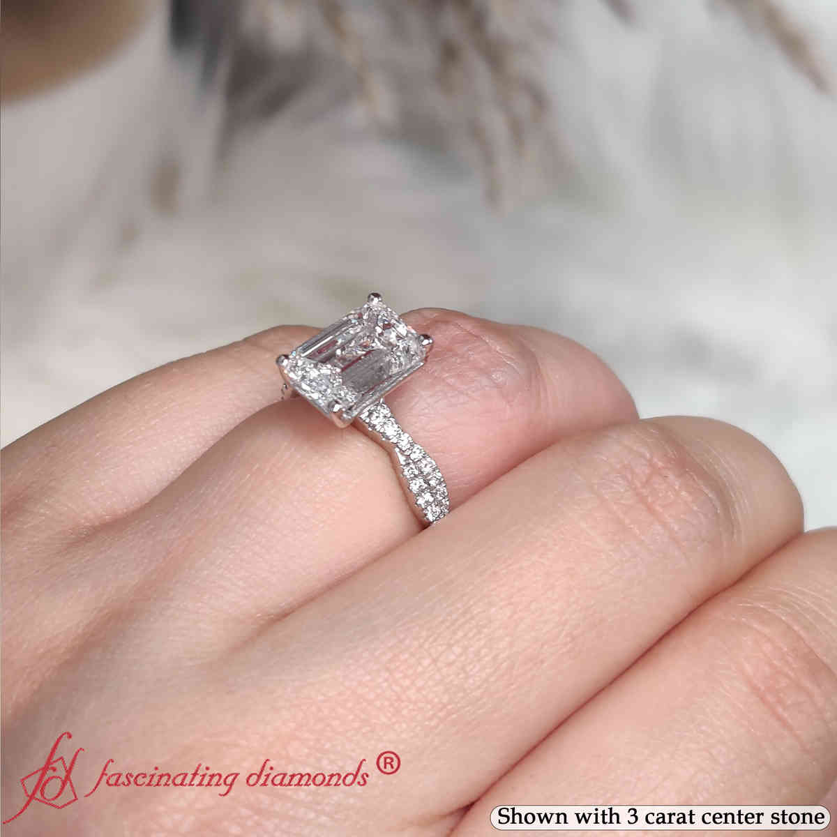 Emerald Shaped Twisted Vine Delicate Engagement Ring with White Diamond in 14K White Gold