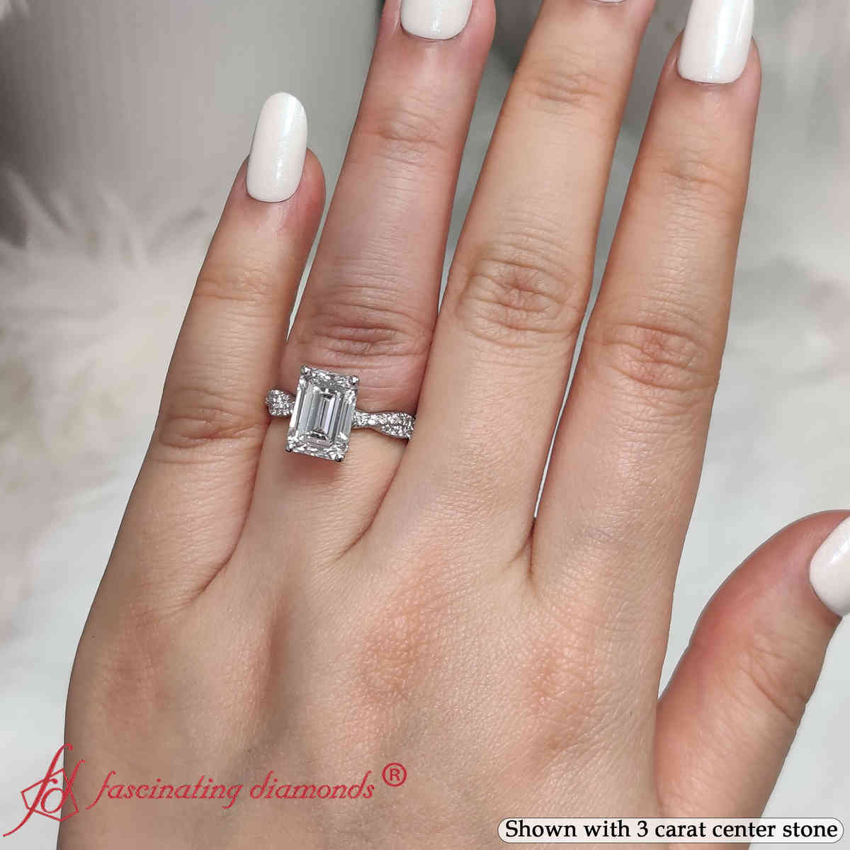 Emerald Shaped Twisted Vine Delicate Engagement Ring with White Diamond in 14K White Gold