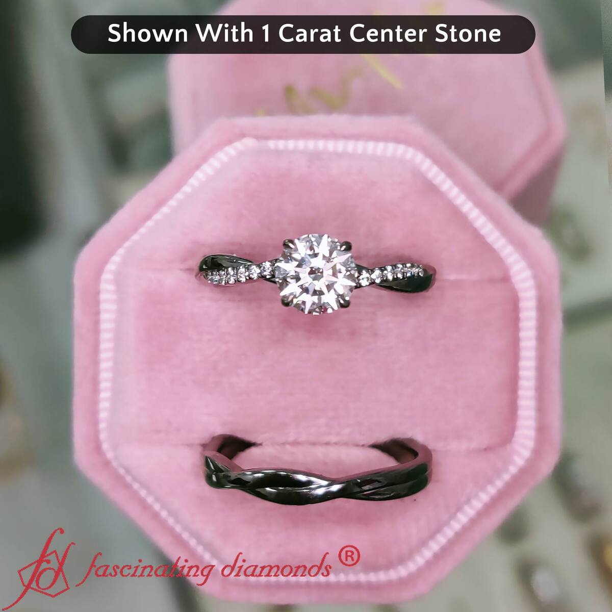 Lab Diamond Twisted Wine Black Wedding Set With Plain Band with 14K Black Gold White Diamond