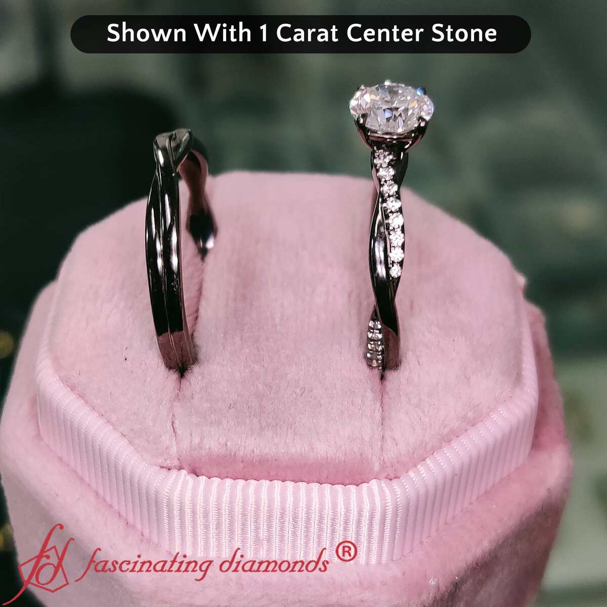 Lab Diamond Twisted Wine Black Wedding Set With Plain Band with 14K Black Gold White Diamond