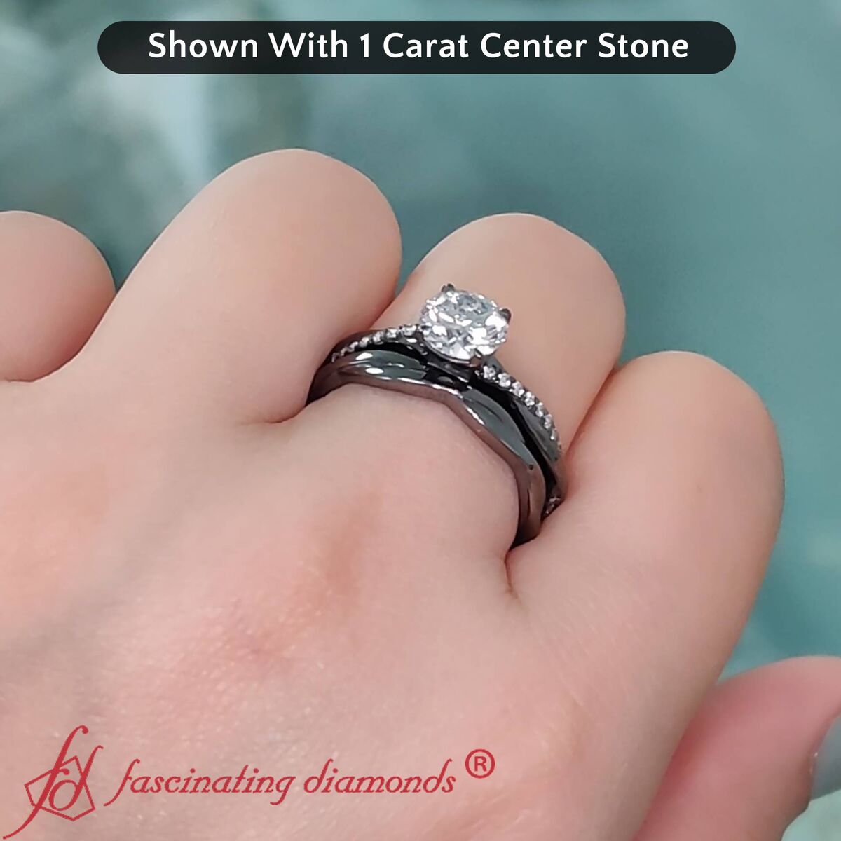 Lab Diamond Twisted Wine Black Wedding Set With Plain Band with 14K Black Gold White Diamond