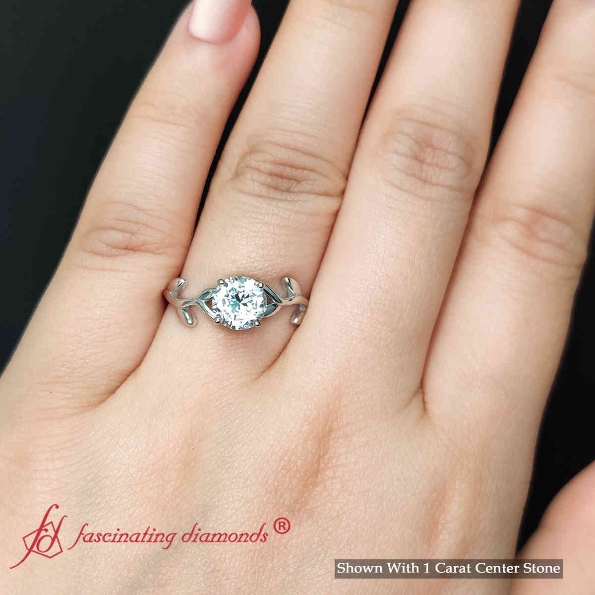 Round Cut Lab Diamond 1 Ct. Leaf Engagement Ring with 18K White Gold White Diamond