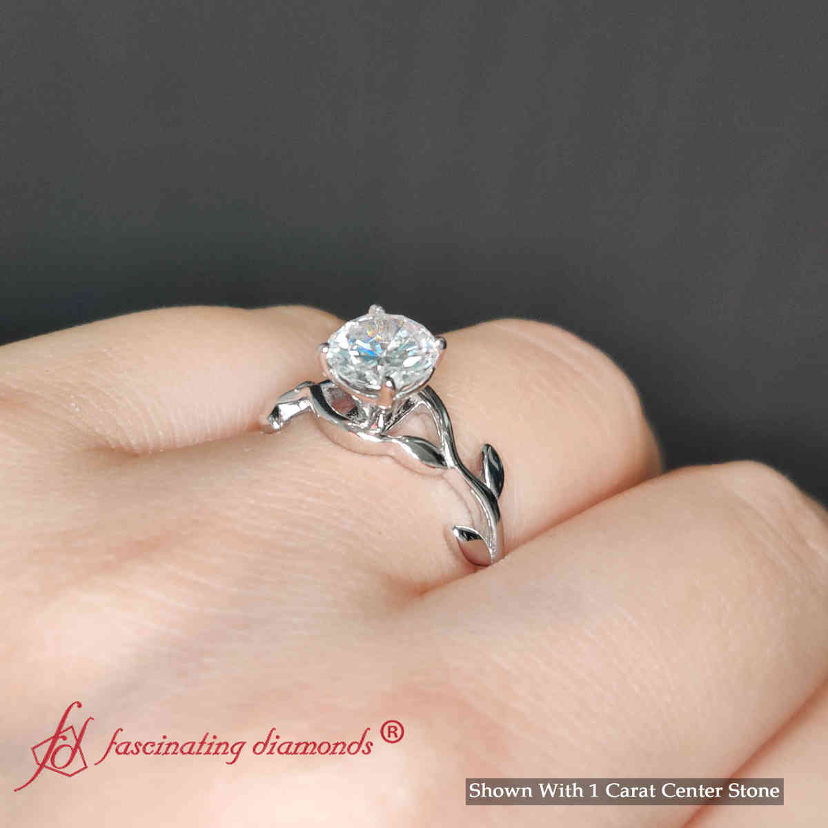Round Cut Lab Diamond 1 Ct. Leaf Engagement Ring with 18K White Gold White Diamond