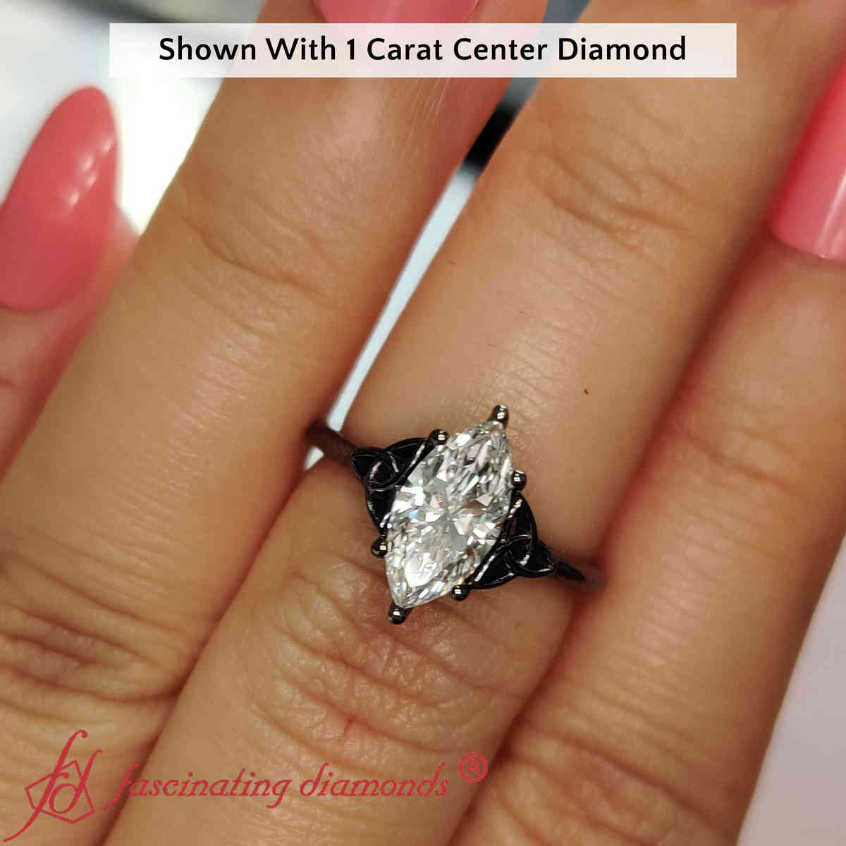 1 Carat Marquise Cut Celtic Solitaire Ring with 14K Black Gold White Diamond