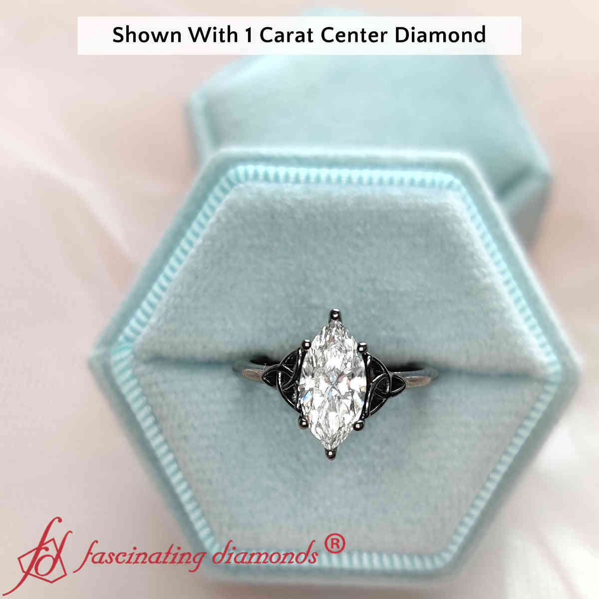 1 Carat Marquise Cut Celtic Solitaire Ring with 14K Black Gold White Diamond