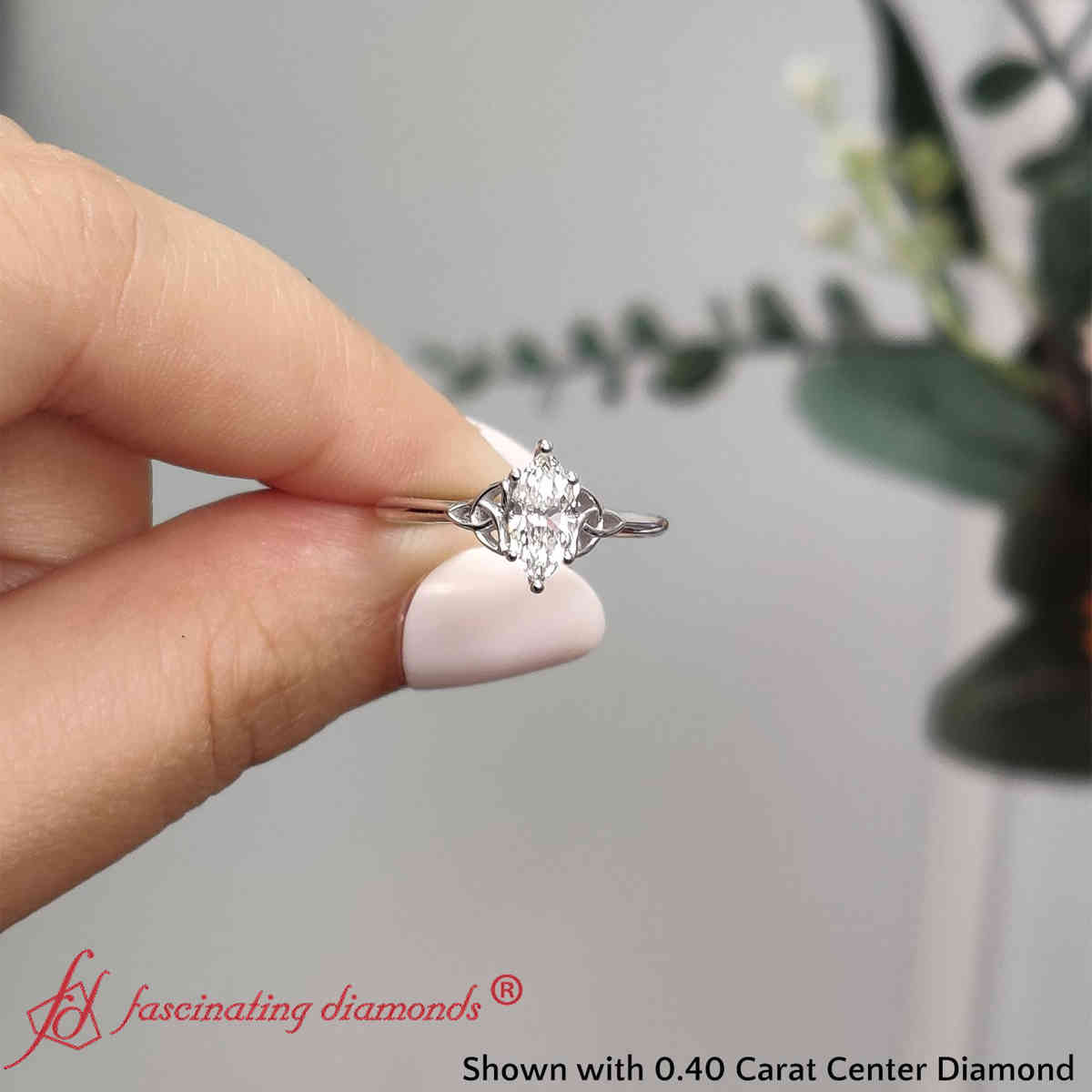 0.40 Carat Marquise Cut Celtic Solitaire Ring with 14K White Gold White Diamond