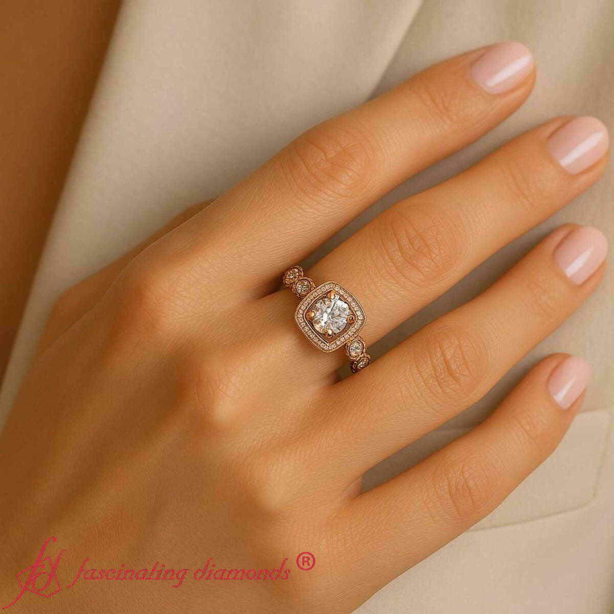 Round Shaped Square Vintage Diamond Engagement Ring with White Diamond in 14K Rose Gold