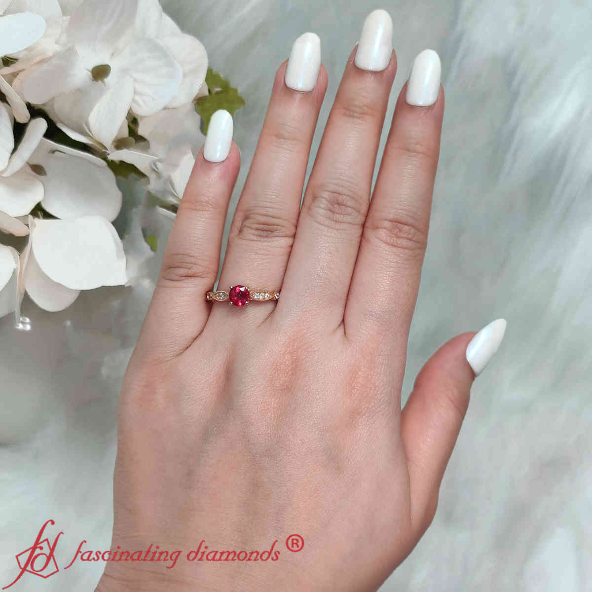 Vintage Cathedral Gemstone Ring with 14K Rose Gold Red Ruby