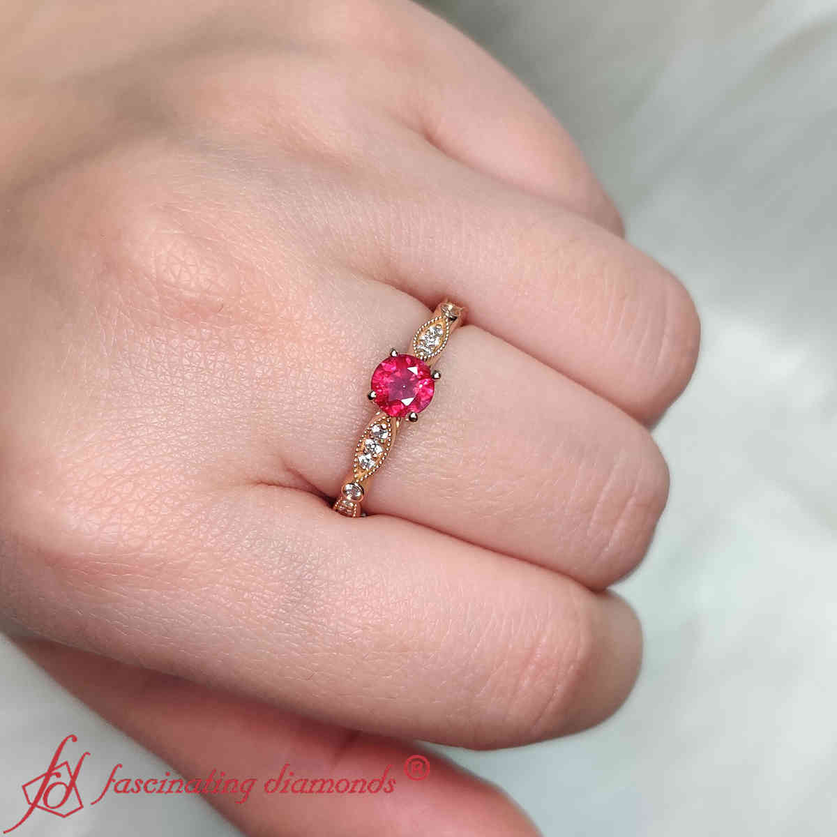 Vintage Cathedral Gemstone Ring with 14K Rose Gold Red Ruby