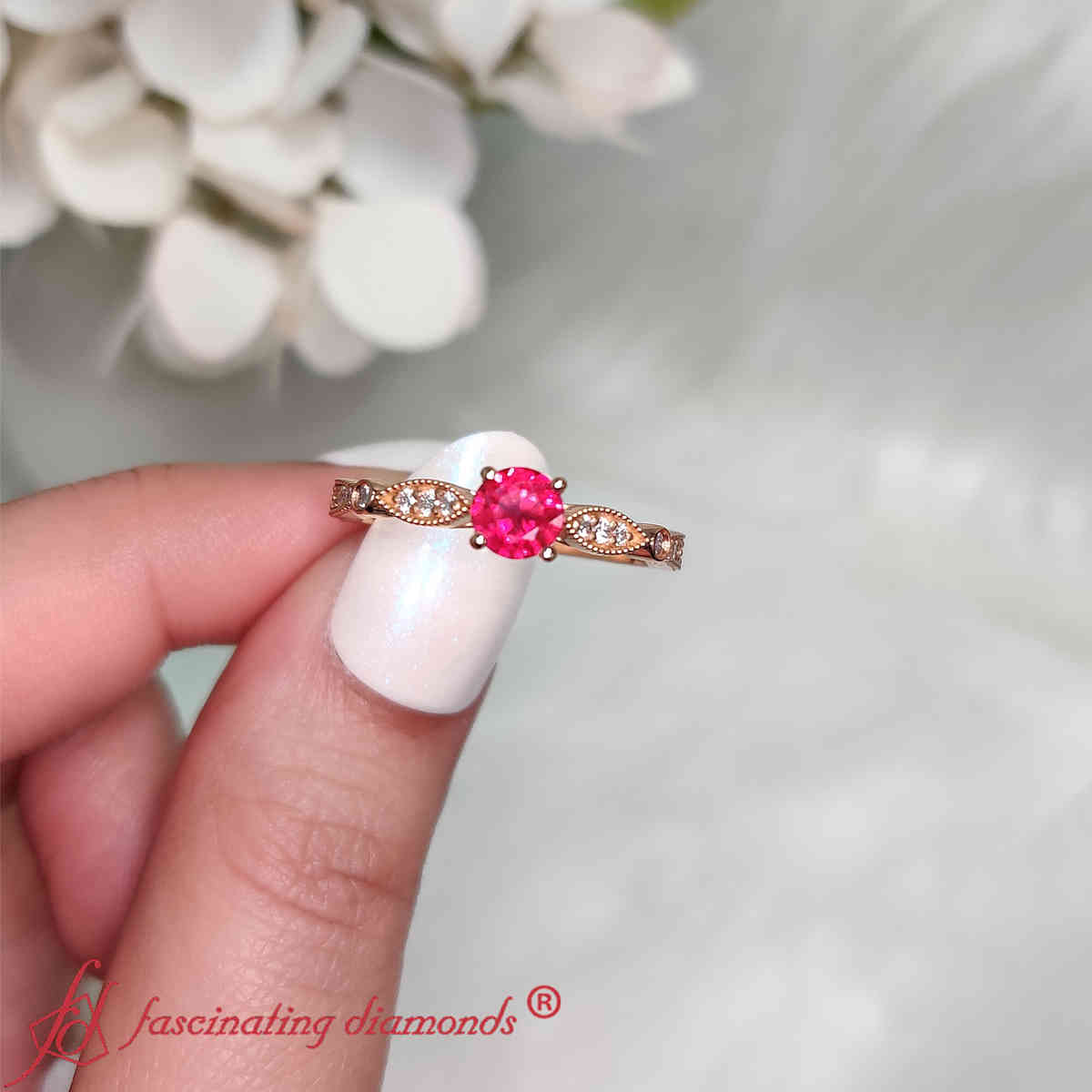 Vintage Cathedral Gemstone Ring with 14K Rose Gold Red Ruby