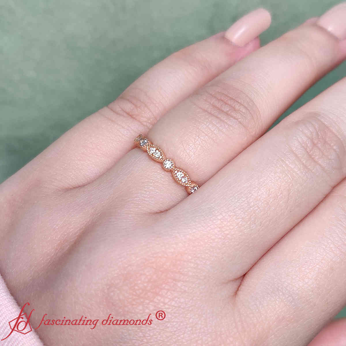 Marquise And Dot Vintage Band with 14K Rose Gold White Diamond