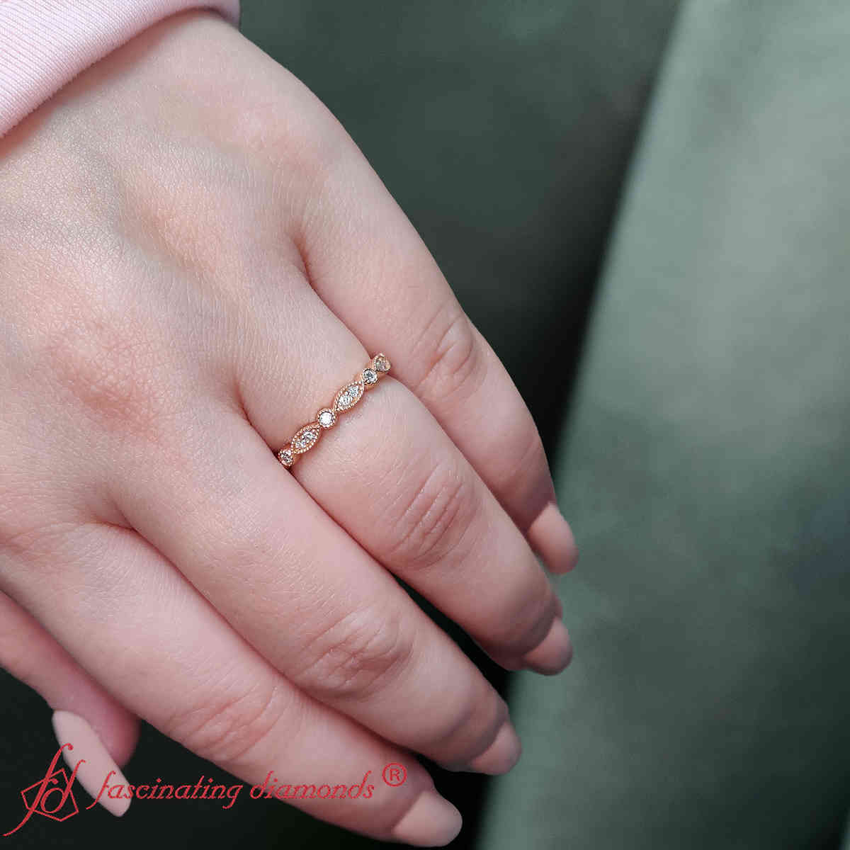 Marquise And Dot Vintage Band with 14K Rose Gold White Diamond