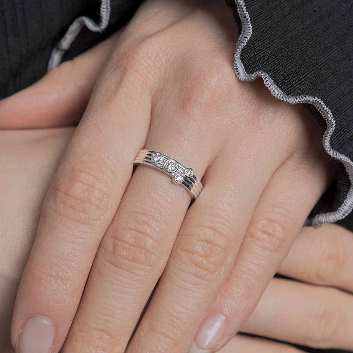 Unique Bezel Set Womens Band with 14K White Gold White Diamond