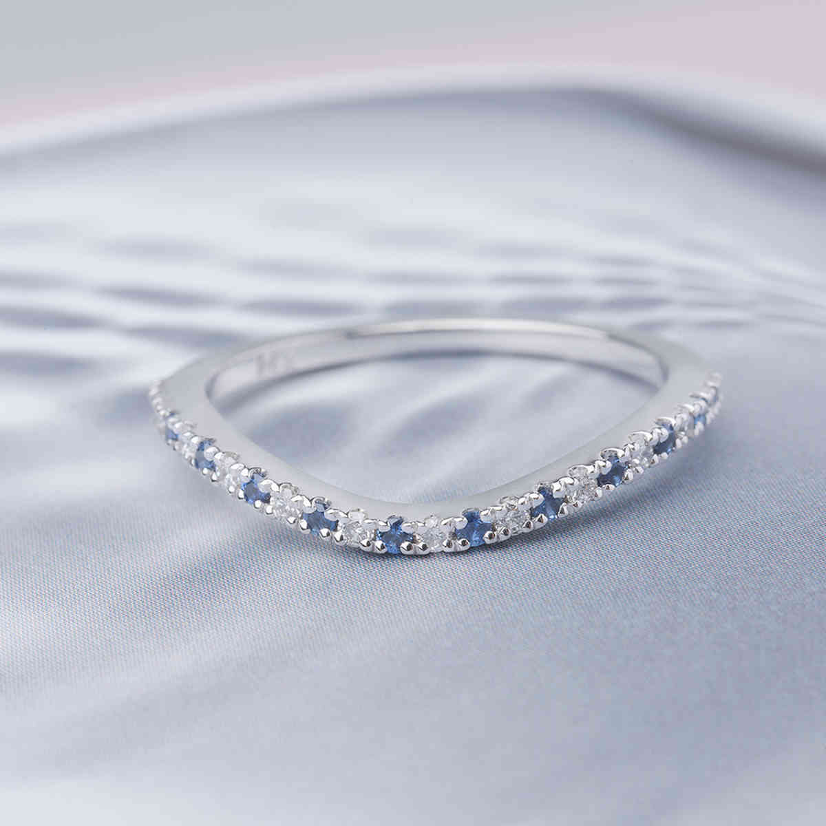 Curved Contour Wedding Band with 14K White Gold Blue Sapphire