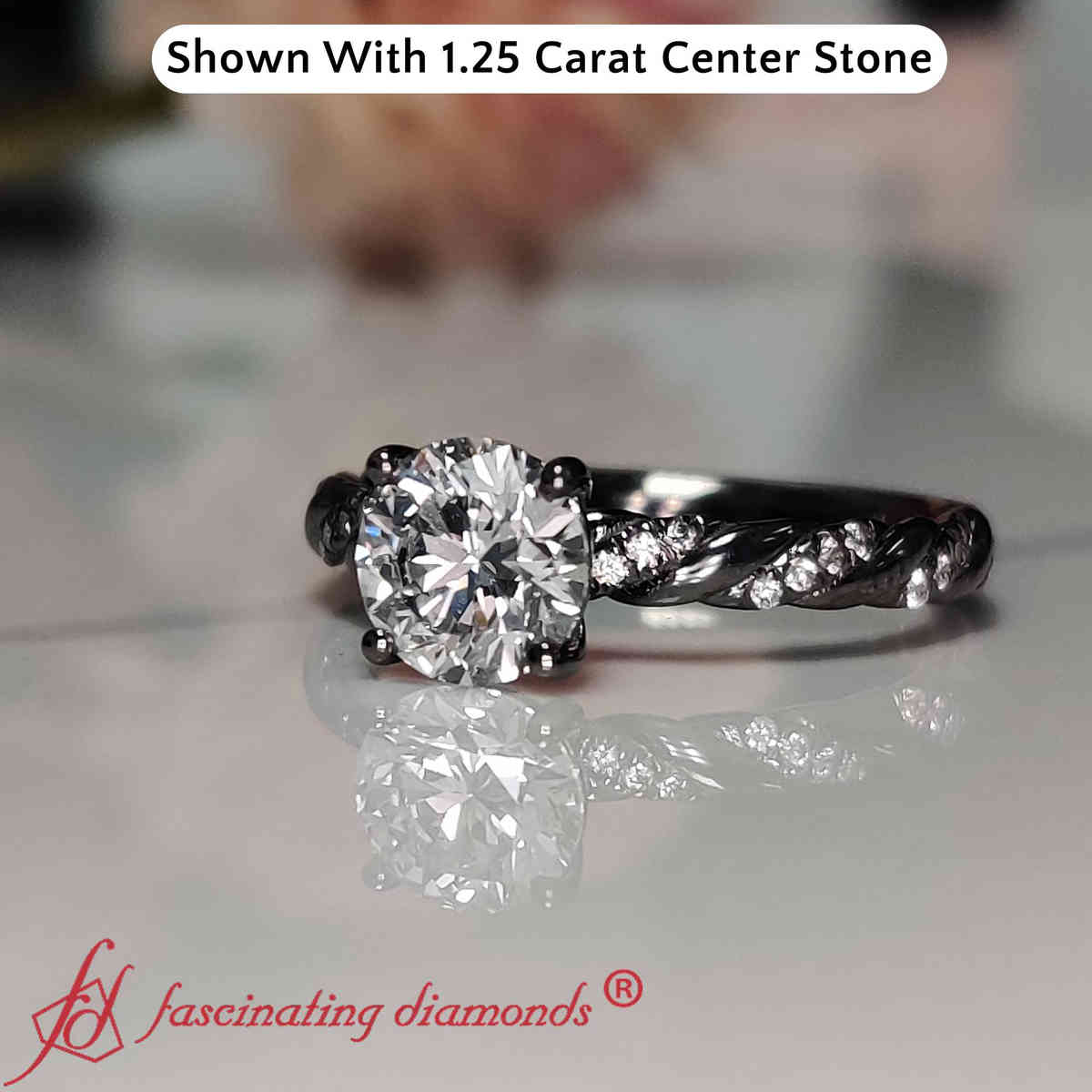 1.40 Ct. Round Lab Diamond Twisted Black Engagement Ring with 14K Black Gold White Diamond
