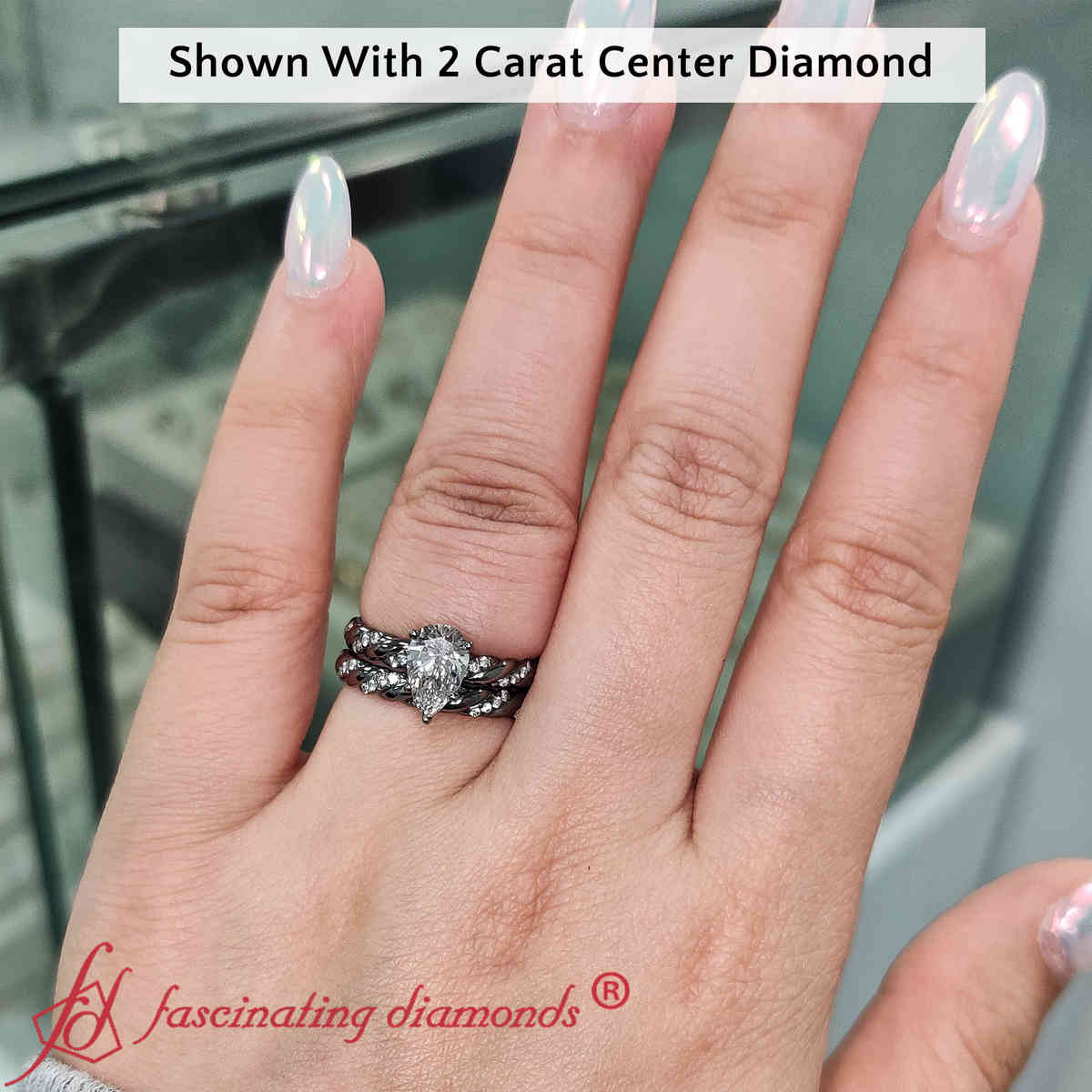 Pear Shaped Black Twisted Engagement And Wedding Ring Set with White Diamond in 14K Black Gold