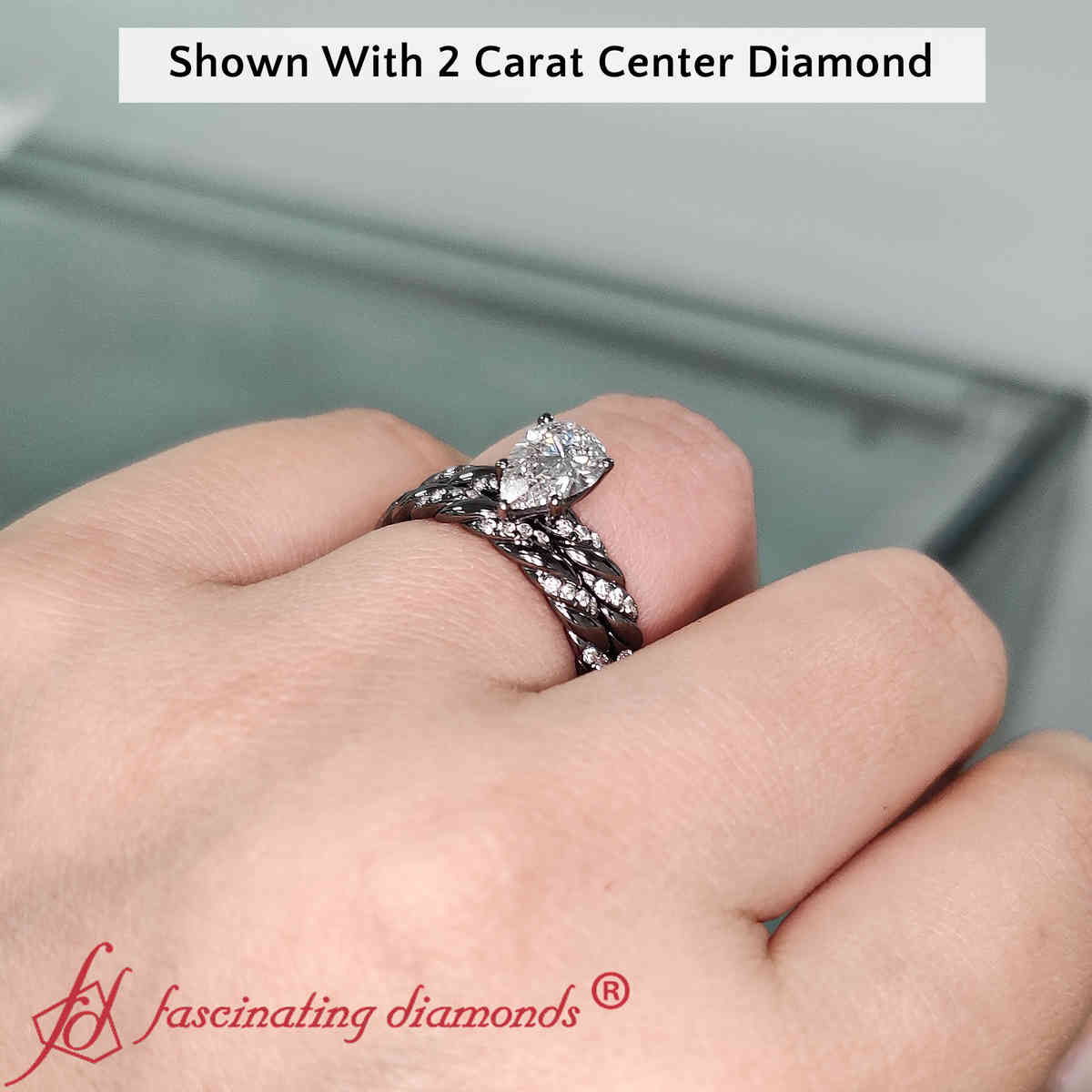 Pear Shaped Black Twisted Engagement And Wedding Ring Set with White Diamond in 14K Black Gold