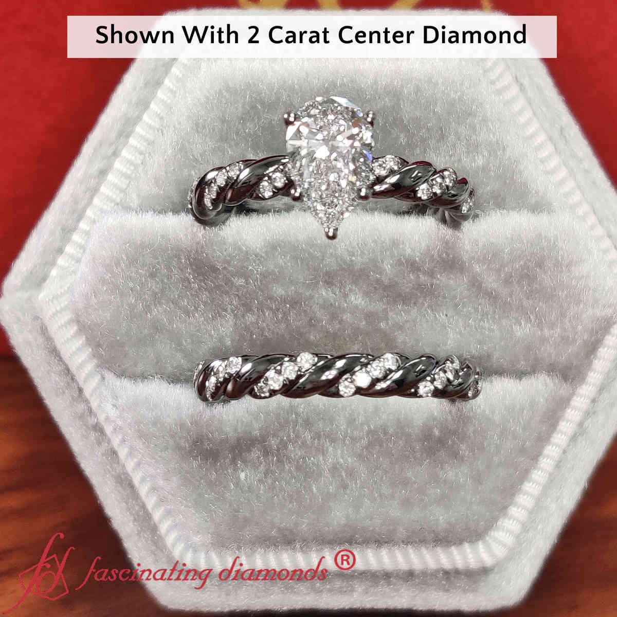 Pear Shaped Black Twisted Engagement And Wedding Ring Set with White Diamond in 14K Black Gold