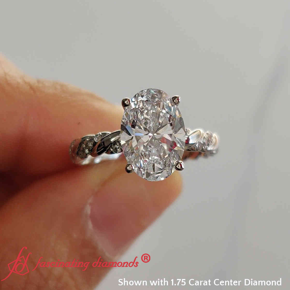 2 Carat Lab Oval Cut Twisted Rope Diamond Ring with 14K White Gold White Diamond